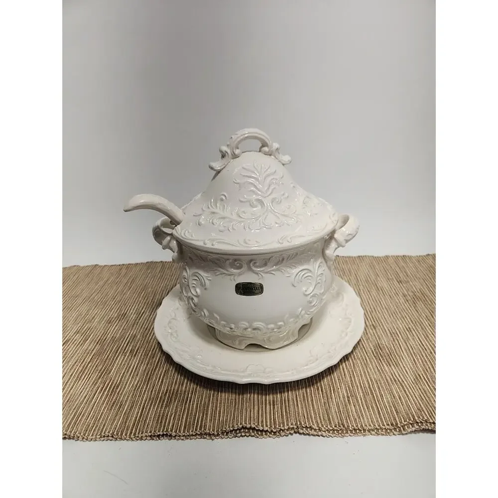 Vintage Napcoware Japan White Embossed Soup Tureen Lid Underplate Ladle Baroque